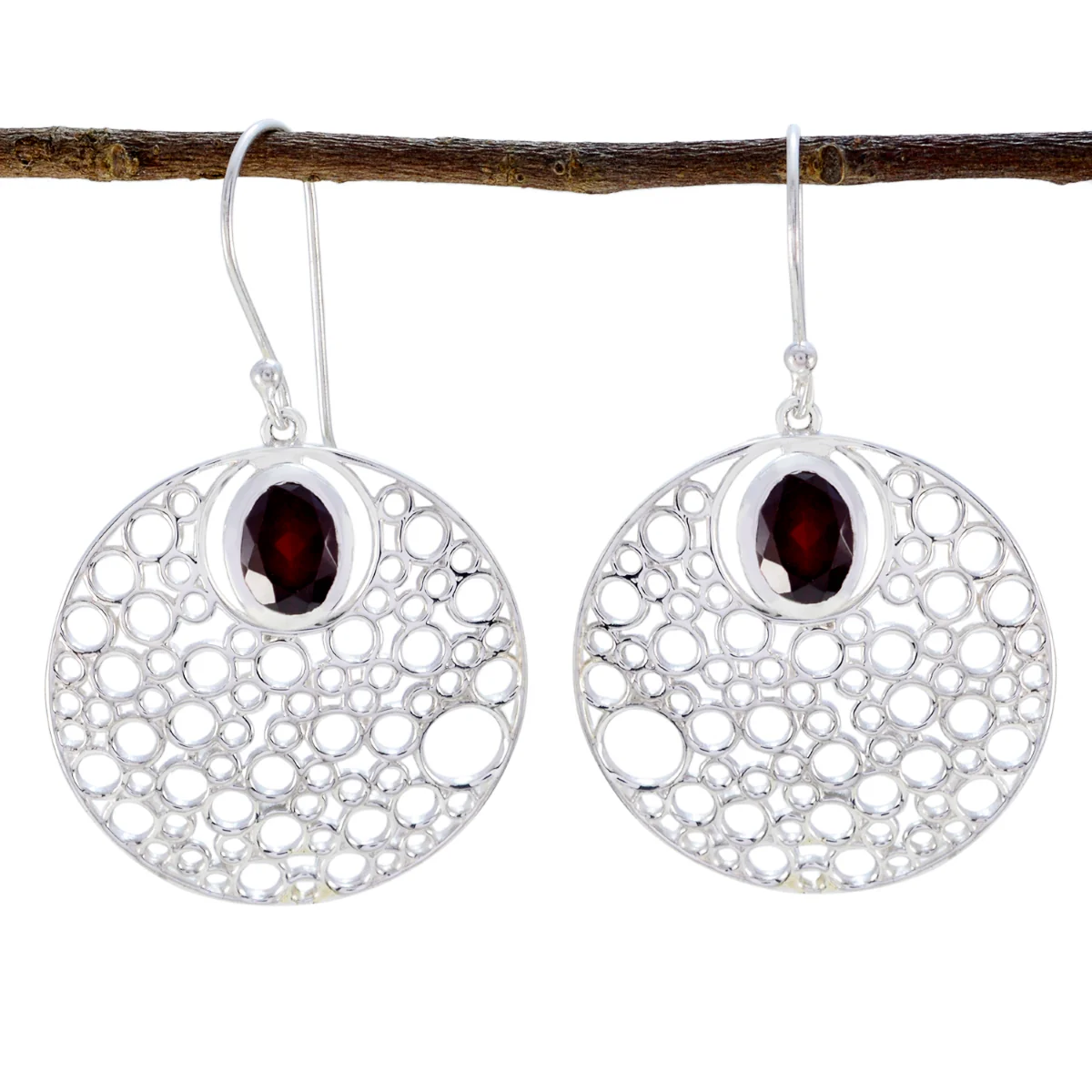 Garnet Latin American Maya Solitaire Dangle Red Sterling Silver Earring