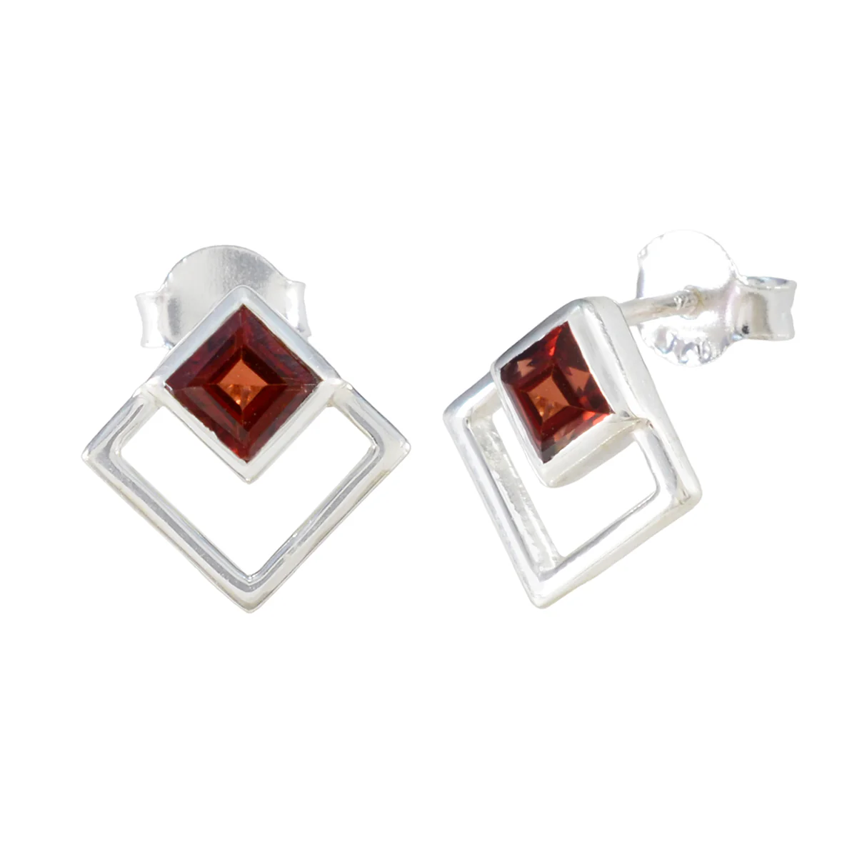 Garnet Middle Eastern Amanda Solitaire Stud Red Silver Earring - Image 2