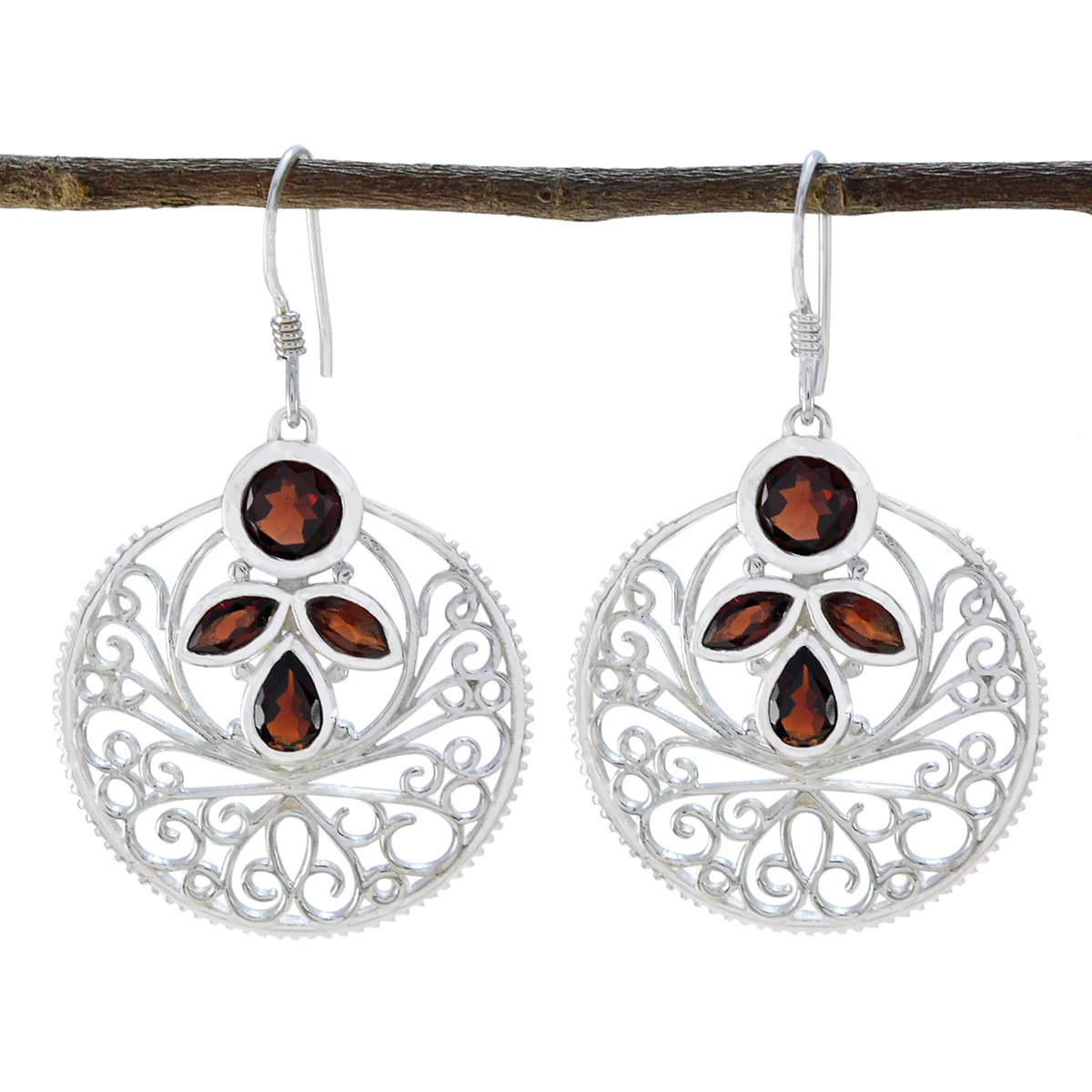 Garnet Middle Eastern Ivy quarter Dangle Red 925 Silver Earring