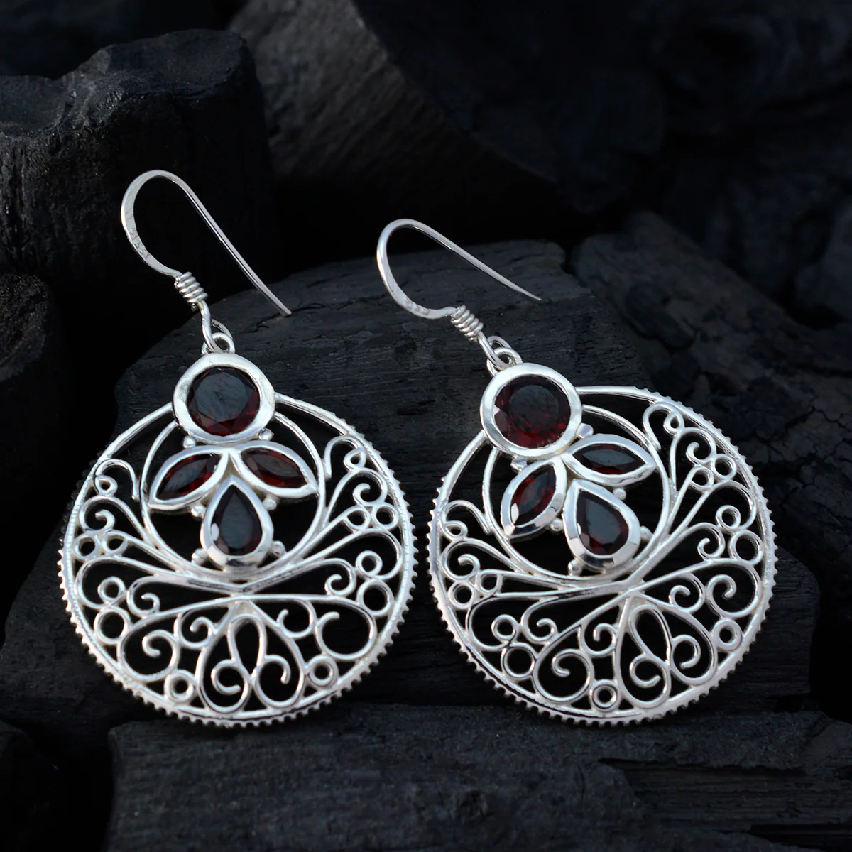 Garnet Middle Eastern Ivy quarter Dangle Red 925 Silver Earring - Image 2