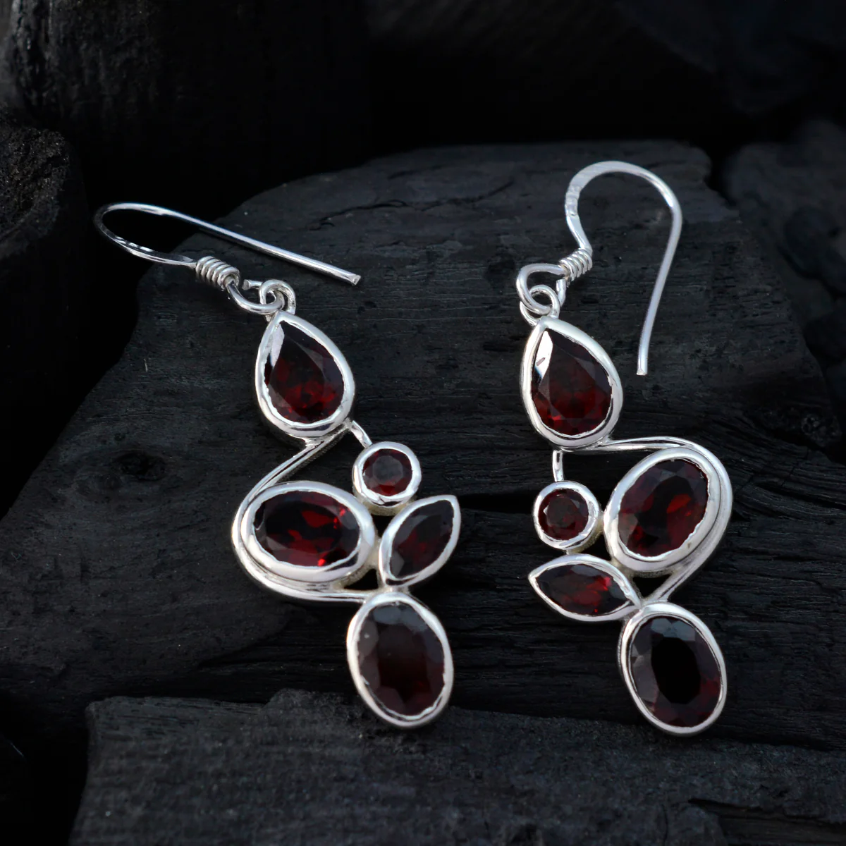 Garnet Moroccan Aria Penta Dangle Red 92.5 Silver Earring - Image 2