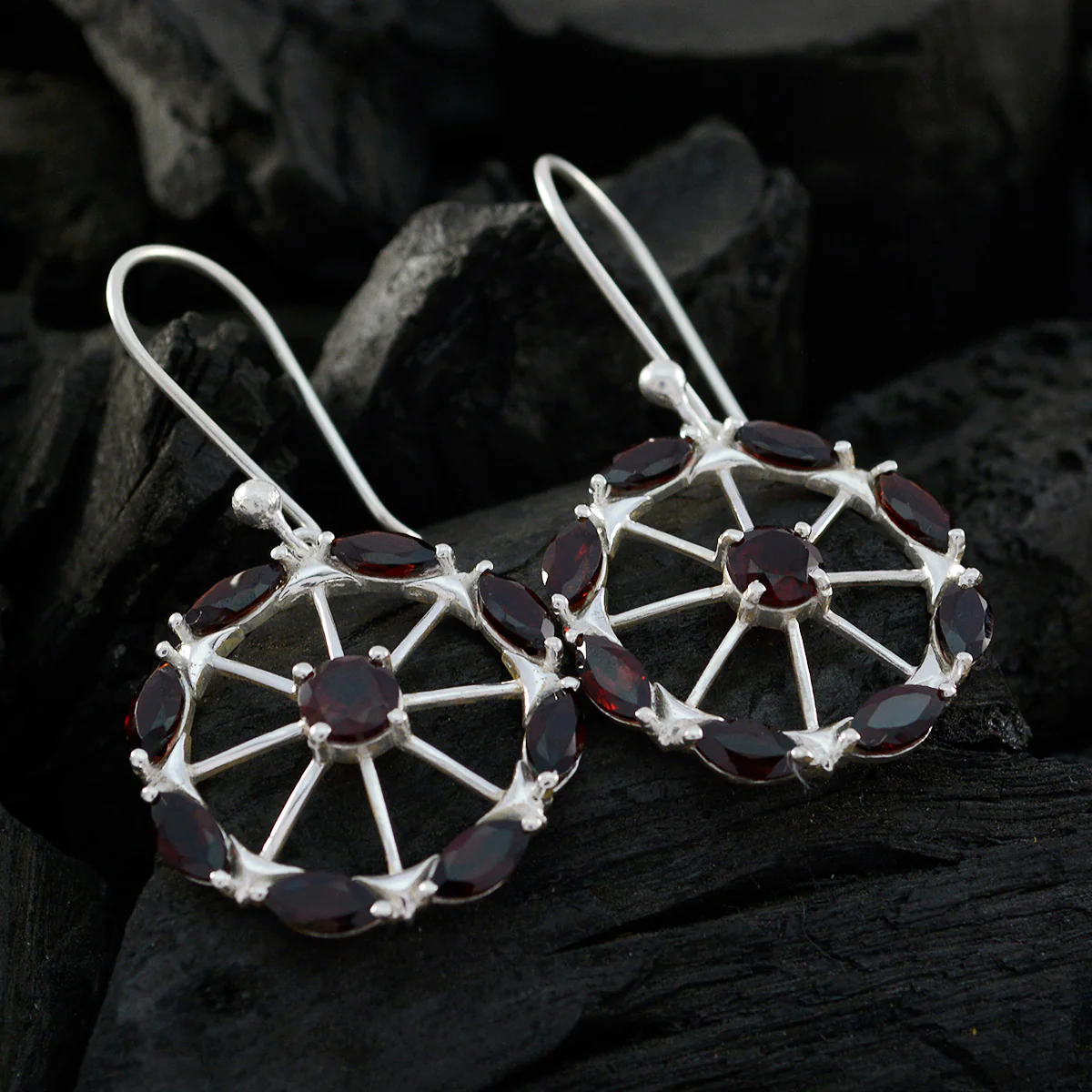 Garnet Moroccan Isabella multiple Dangle Red Silver Earring - Image 2