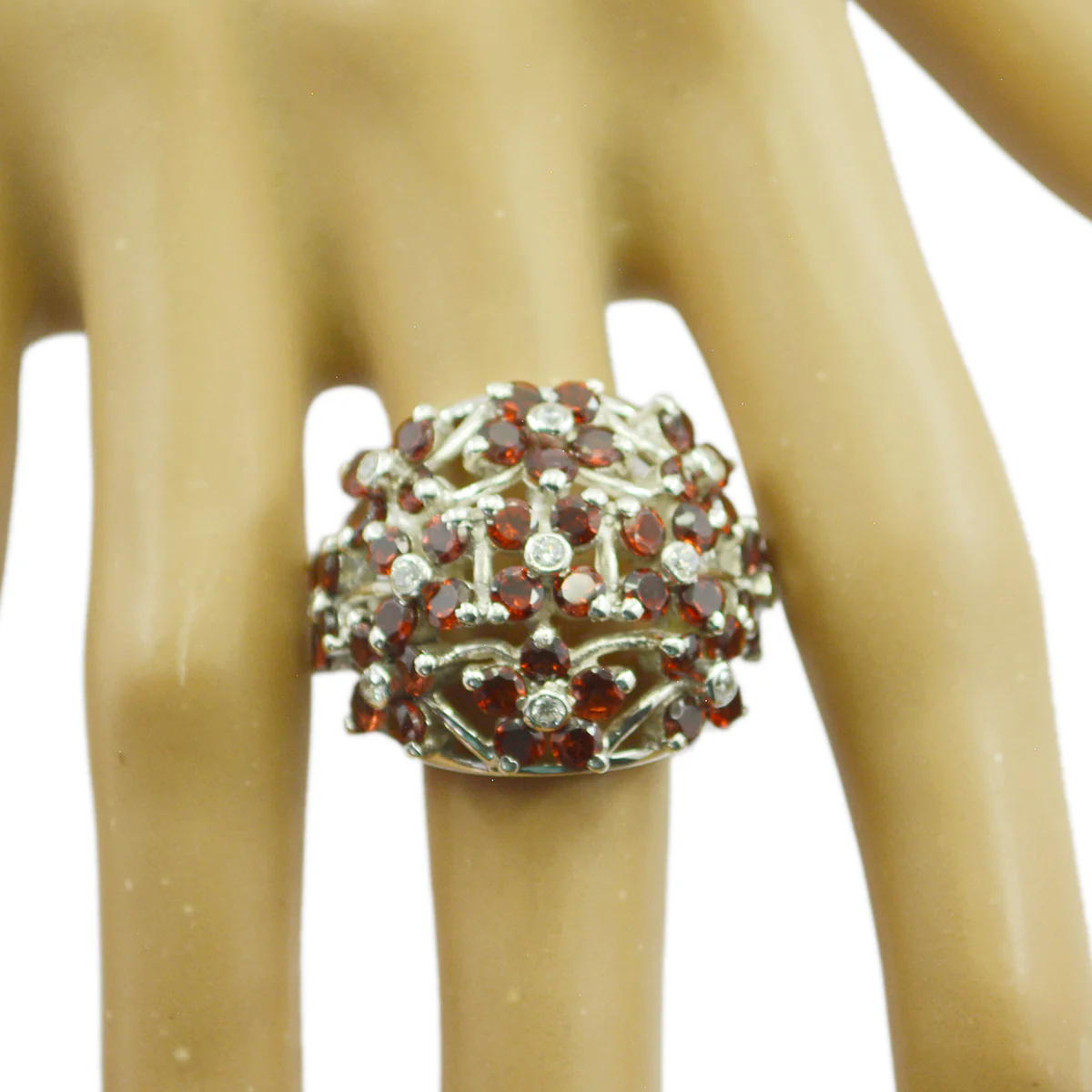 Garnet multiple African Silver Red Gemstones Statement Floral Ring Jewellery - Image 2