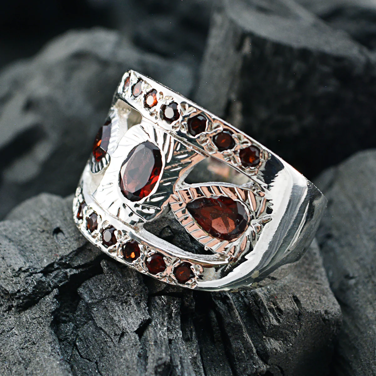 Garnet multiple German 925 Sterling Silver Red Gemstone Statement Artisan Ring Jewelry - Image 3