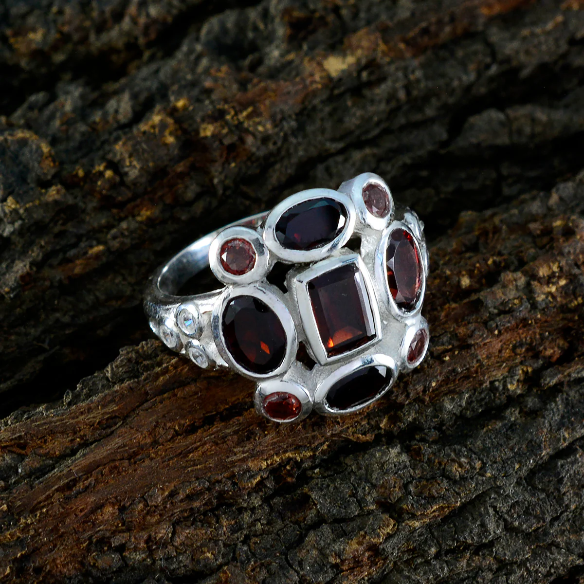 Garnet Navratna Egyptian 925 Sterling Silver Red Gems Classic Signet Ring Jewellery - Image 3