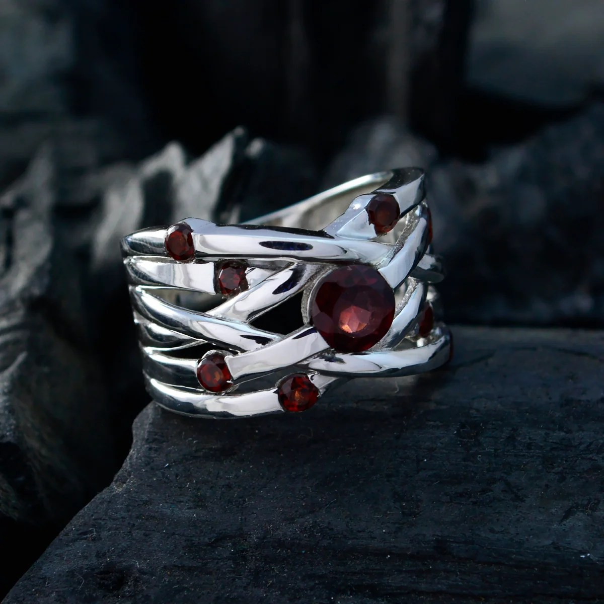 Garnet Navratna Egyptian Silver Red Gems Eye-catching Trendy Ring Jewellery - Image 4