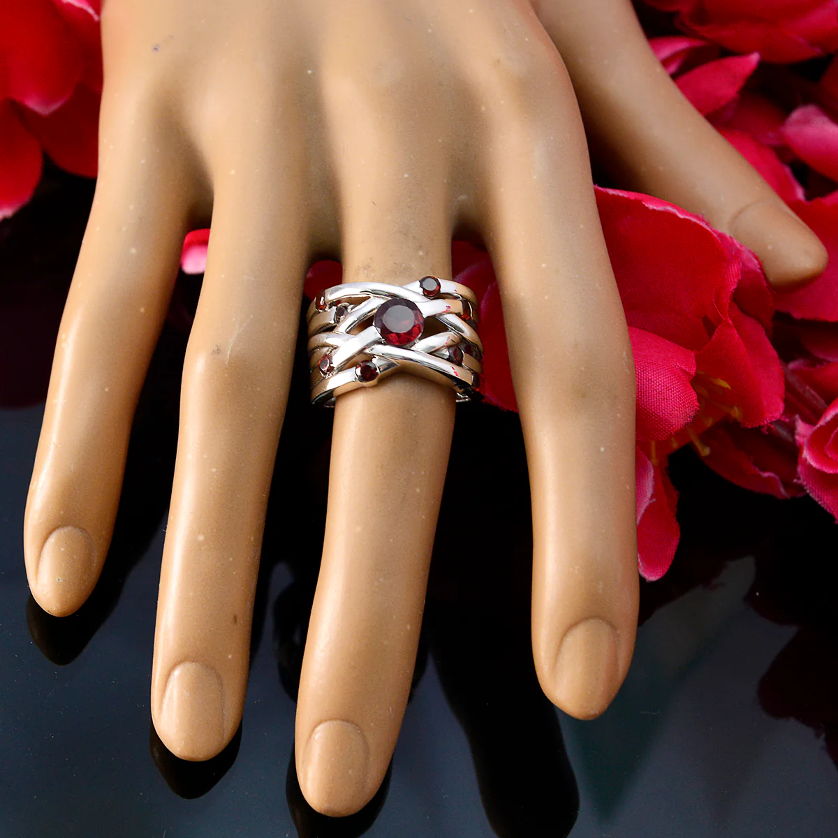 Garnet Navratna Egyptian Silver Red Gems Eye-catching Trendy Ring Jewellery - Image 5
