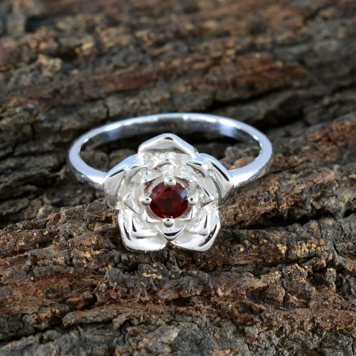 Garnet Solitaire Egyptian Silver Red Gemstone Tiny Floral Ring Jewelry - Image 3