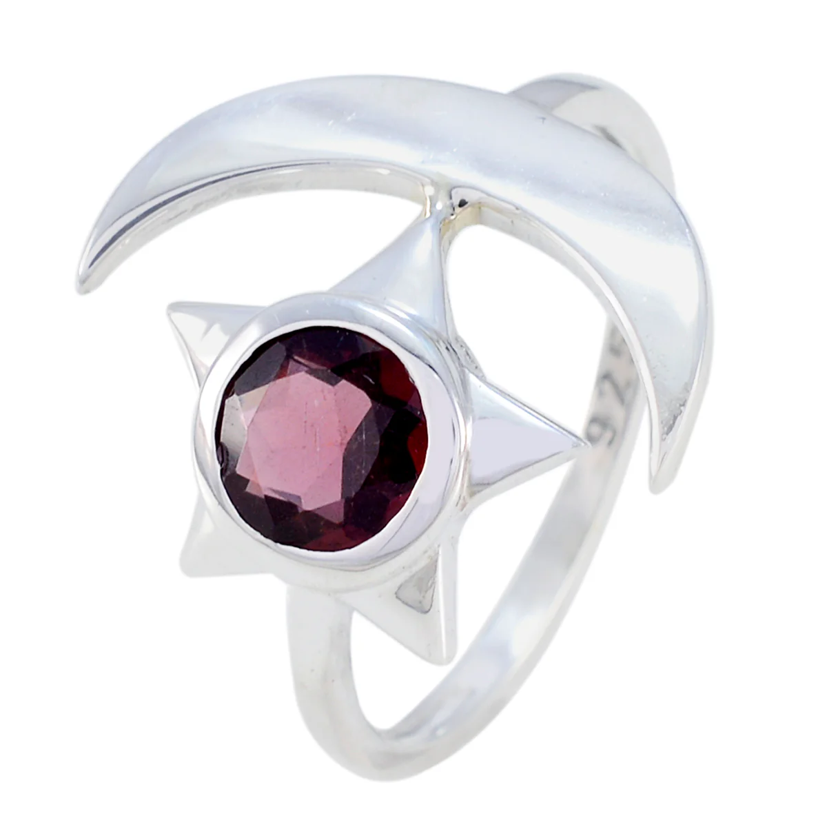 Garnet Solitaire Indian Silver Red Gemstone Featherlight Moon & Star Ring Jewellery - Image 2