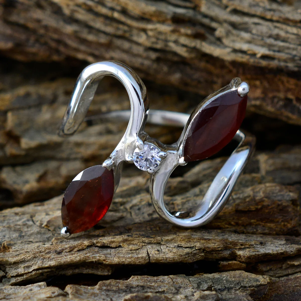 Garnet Trilogy French 92.5 Silver Red Gemstone Slim Abstract Ring Jewellery - Image 3