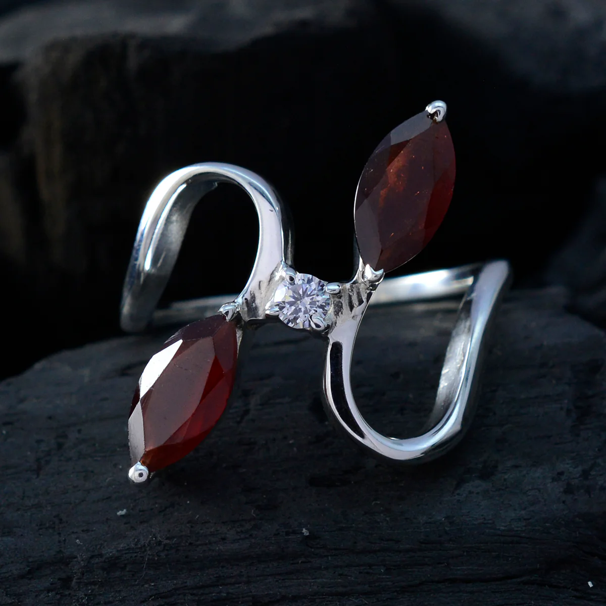 Garnet Trilogy French 92.5 Silver Red Gemstone Slim Abstract Ring Jewellery - Image 4