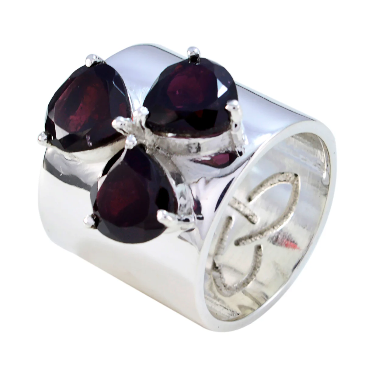 Garnet Trilogy French 925 Sterling Silver Red Gemstones Statement Traditional Ring Jewelry - Image 2