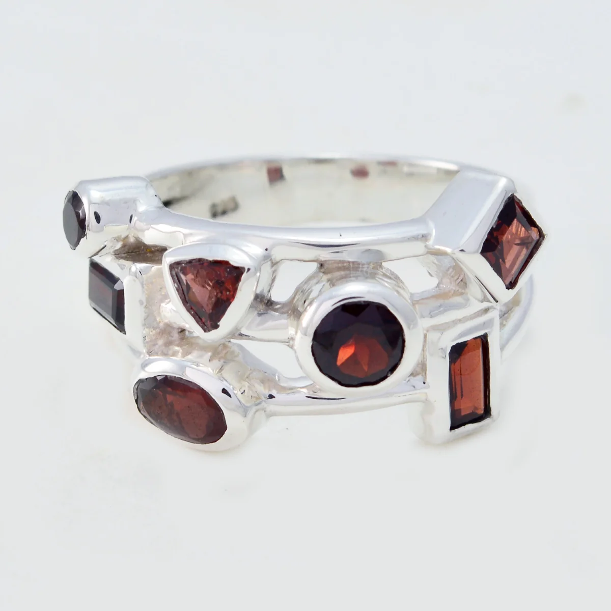 Garnet Trilogy Indian 925 Silver Red Gemstones Versatile Abstract Ring Jewelry - Image 2