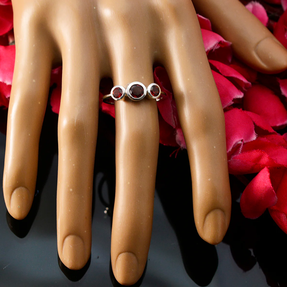 Garnet Trilogy Korean 925 Sterling Silver Red Gemstone Dainty Trendy Ring Jewelry - Image 5