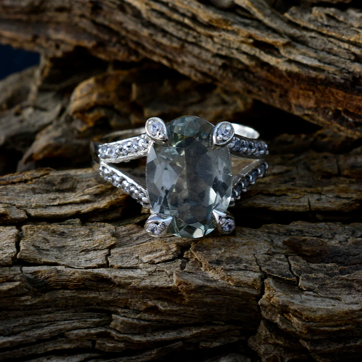 Green Amethyst Halo German Silver Green Gemstone Minimal Feminine Ring Jewellery - Image 3