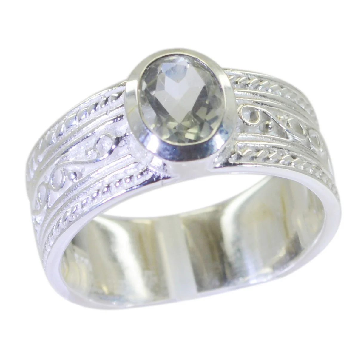 Green Amethyst Solitaire French Sterling Silver Green Gemstone Mid-weight Art Deco Ring Jewelry