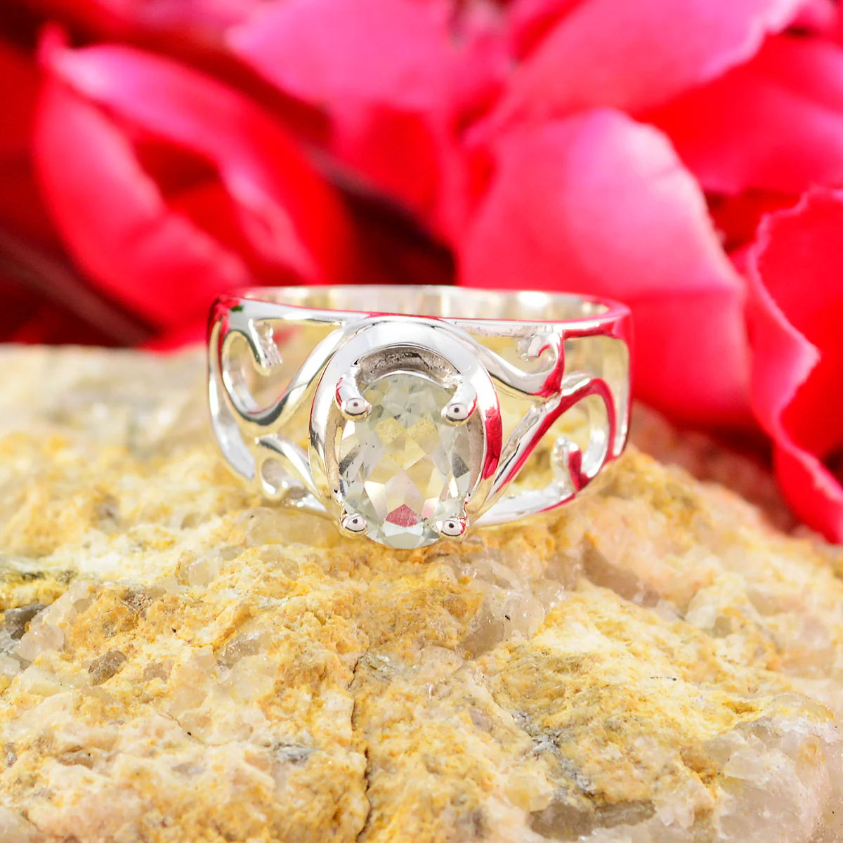 Green Amethyst Solitaire Middle Eastern 925 Silver Green Gems Minimal Filigree Ring Jewellery - Image 2