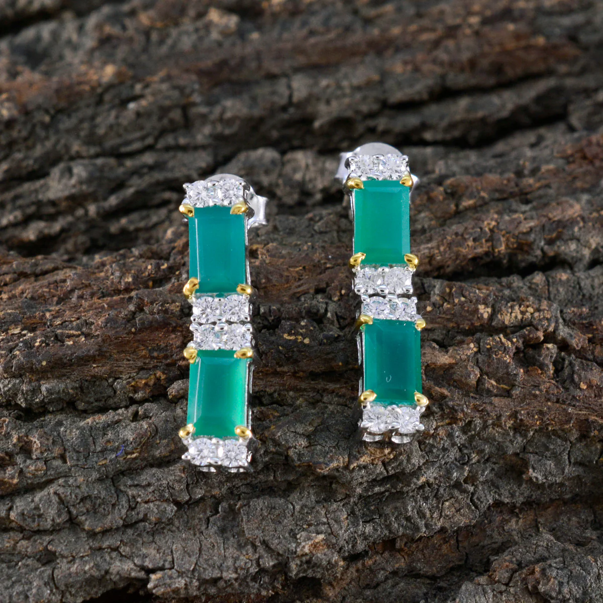 Green Onyx African Pilar multiple Stud Green 925 Silver Earring - Image 4