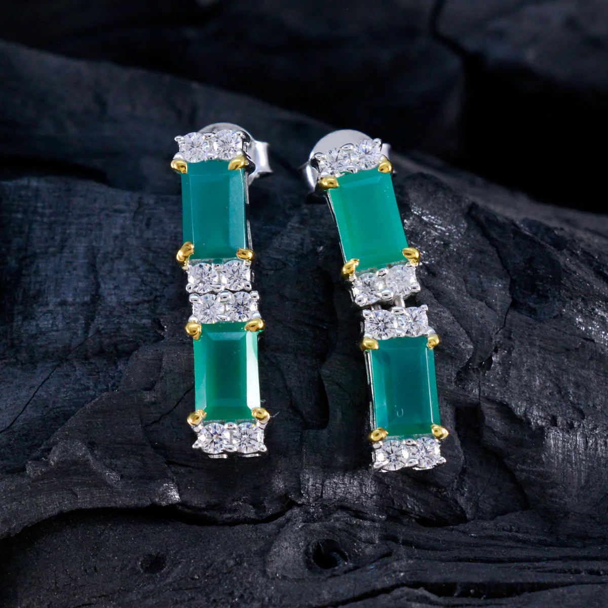 Green Onyx African Pilar multiple Stud Green 925 Silver Earring - Image 5