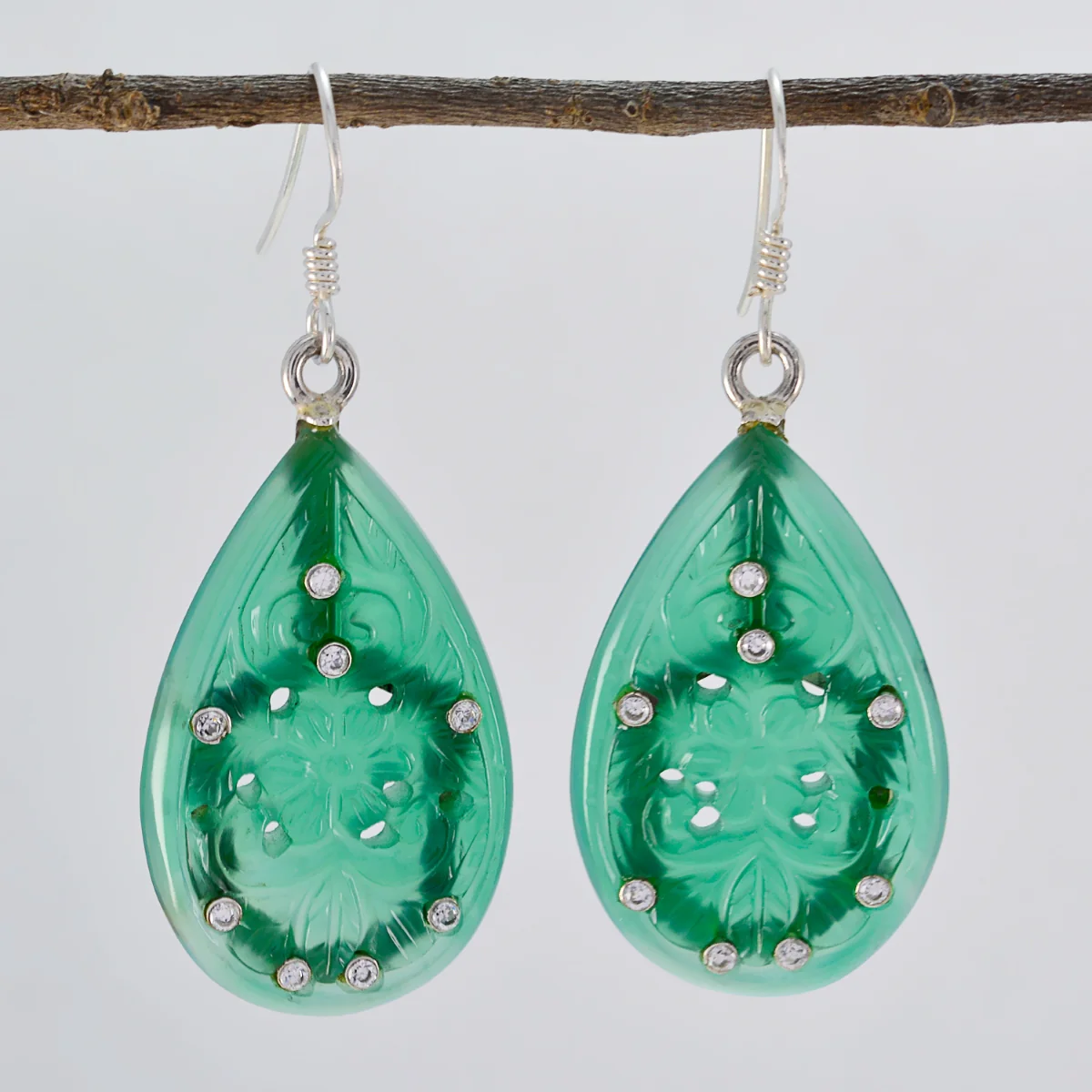 Green Onyx Indian Araya multiple Dangle Green 925 Sterling Silver Earring - Image 2