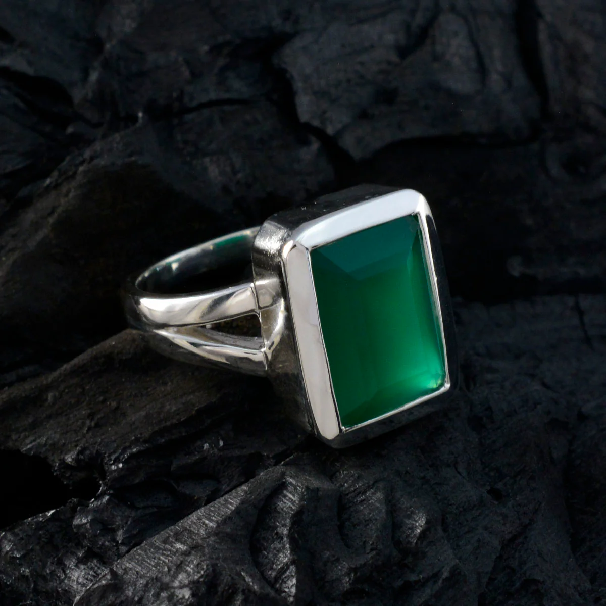 Green Onyx Solitaire Italian 925 Silver Green Gemstone Edgy Trendy Ring Jewellery - Image 4