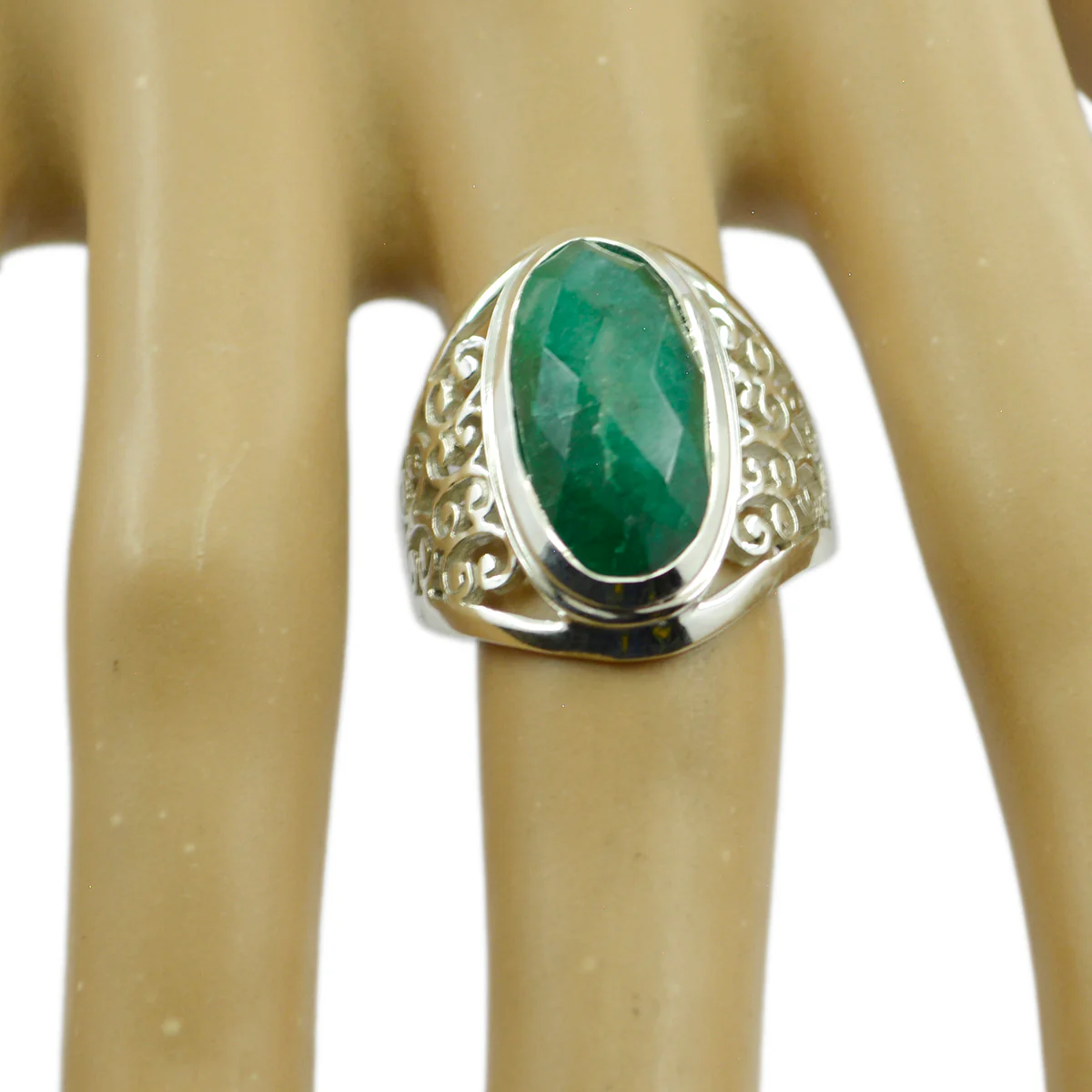 Indian Emerald Solitaire Latin American Silver Green Gemstones Mid-weight Filigree Ring Jewelry - Image 2