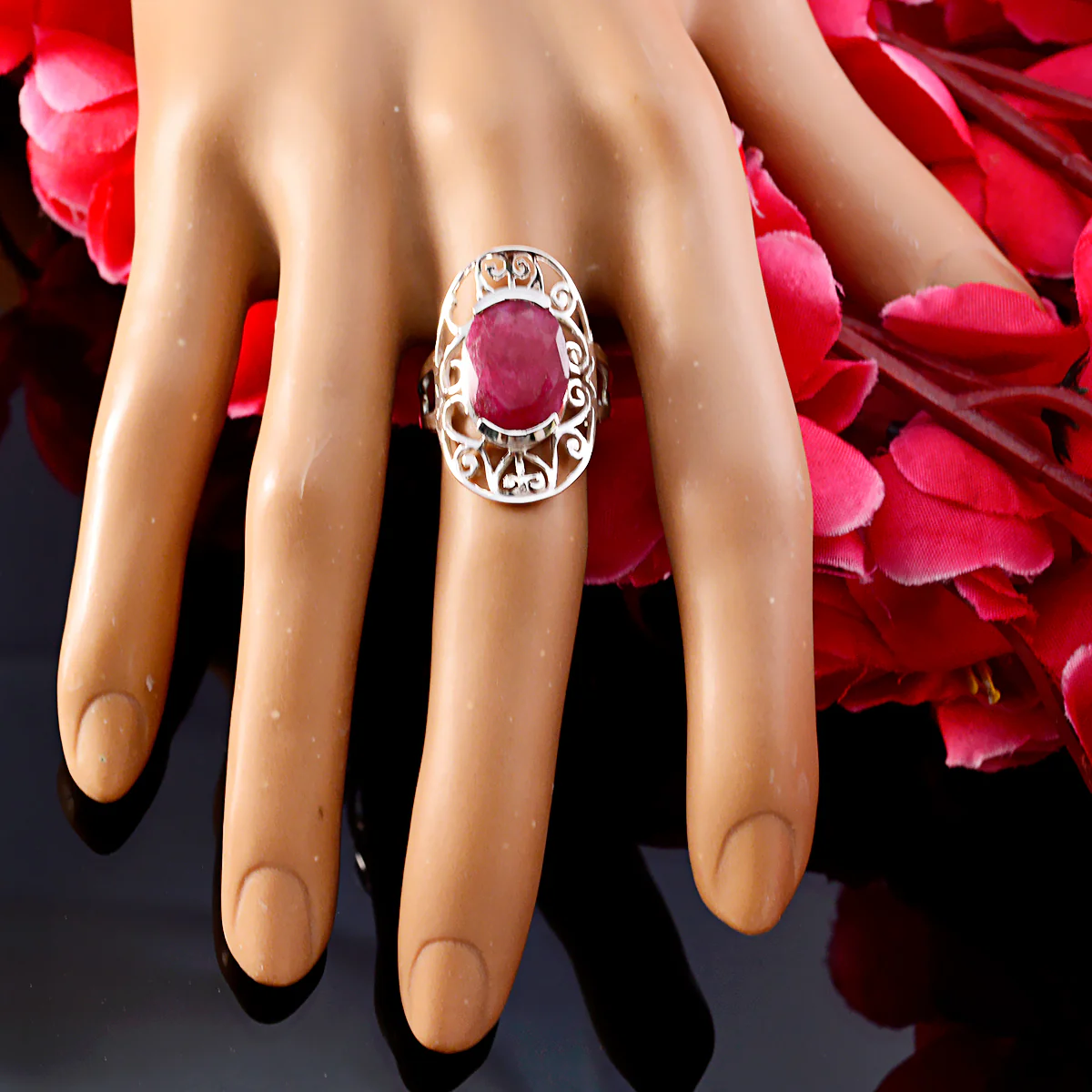Indian Ruby Solitaire French Sterling Silver Red Gems Classic Art Deco Ring Jewelry - Image 5