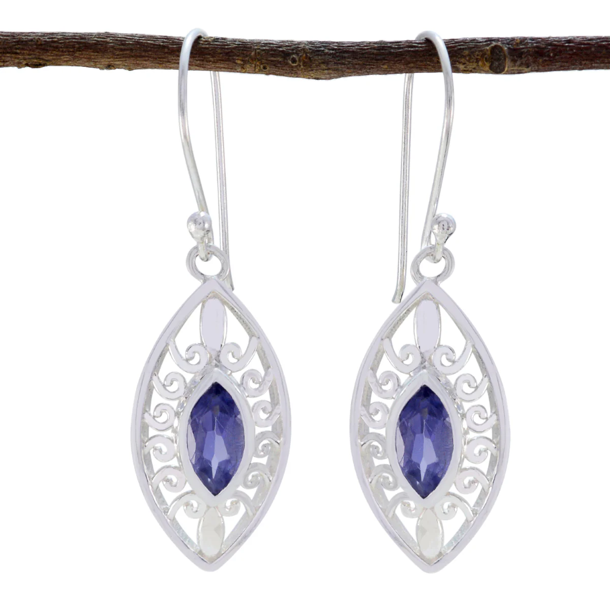 Iolite French Ling Solitaire Dangle Blue Silver Earring