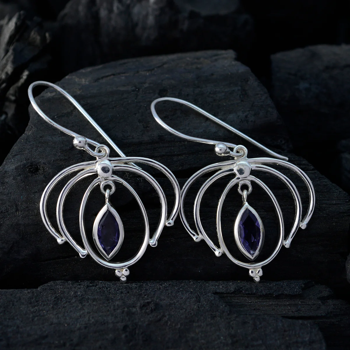 Iolite German Hanna Solitaire Dangle Blue 925 Sterling Silver Earring - Image 2
