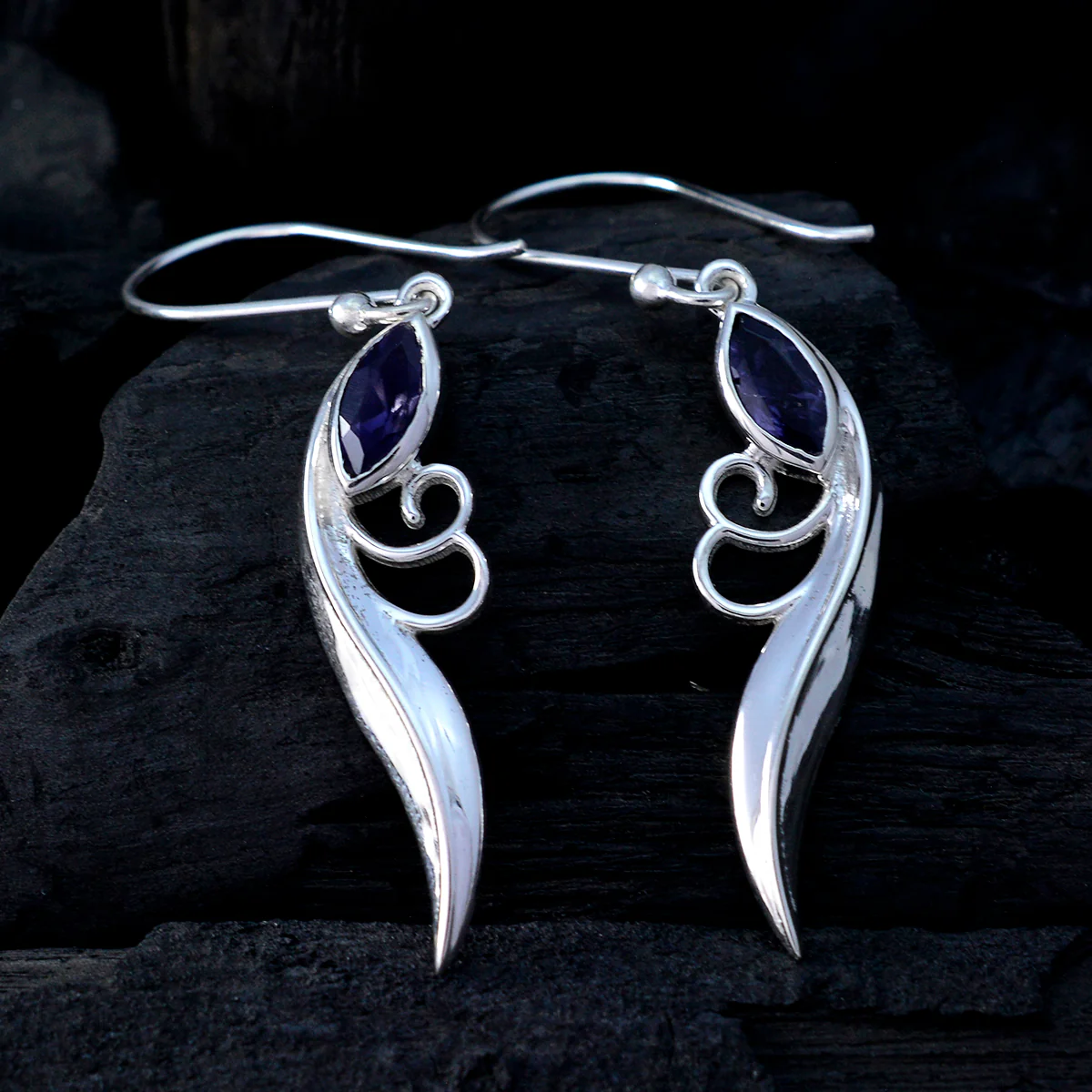 Iolite Middle Eastern Charlotte Solitaire Dangle Blue 925 Silver Earring - Image 2