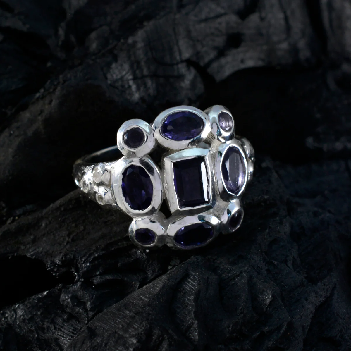 Iolite Navratna French Silver Blue Gemstone Classic Signet Ring Jewelry - Image 4