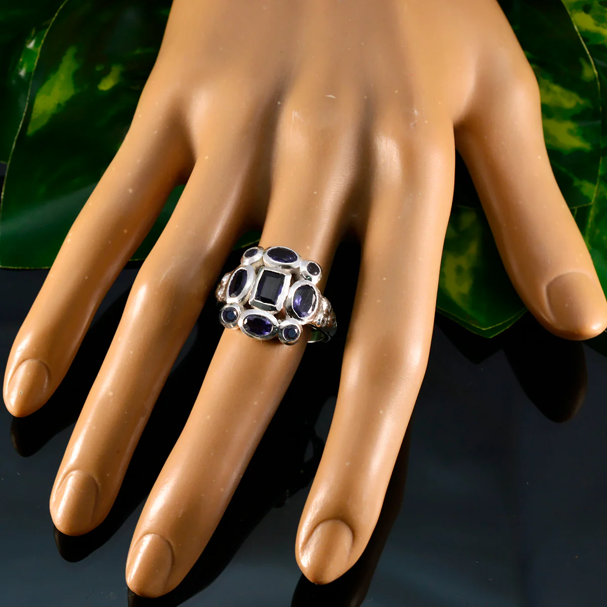 Iolite Navratna French Silver Blue Gemstone Classic Signet Ring Jewelry - Image 5