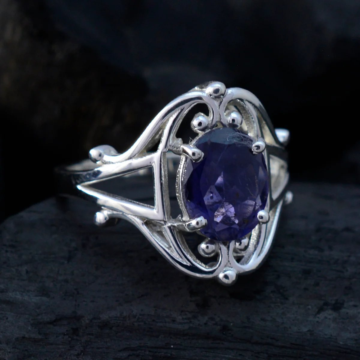 Iolite Solitaire French 925 Sterling Silver Blue Gemstones Slim Boho Ring Jewellery - Image 4