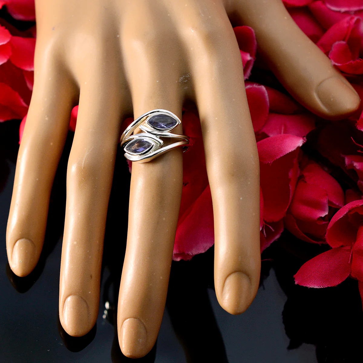 Iolite Toi et Moi French 92.5 Silver Blue Gemstones Slim Contemporary Ring Jewellery - Image 5