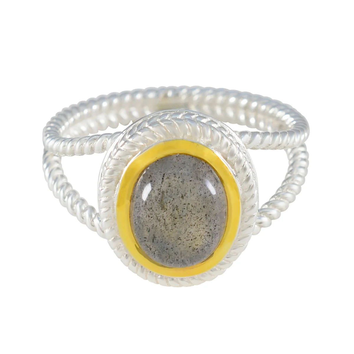 Labradorite Solitaire Italian Silver Gray Gemstones Classic Rope-Wire Ring Jewellery