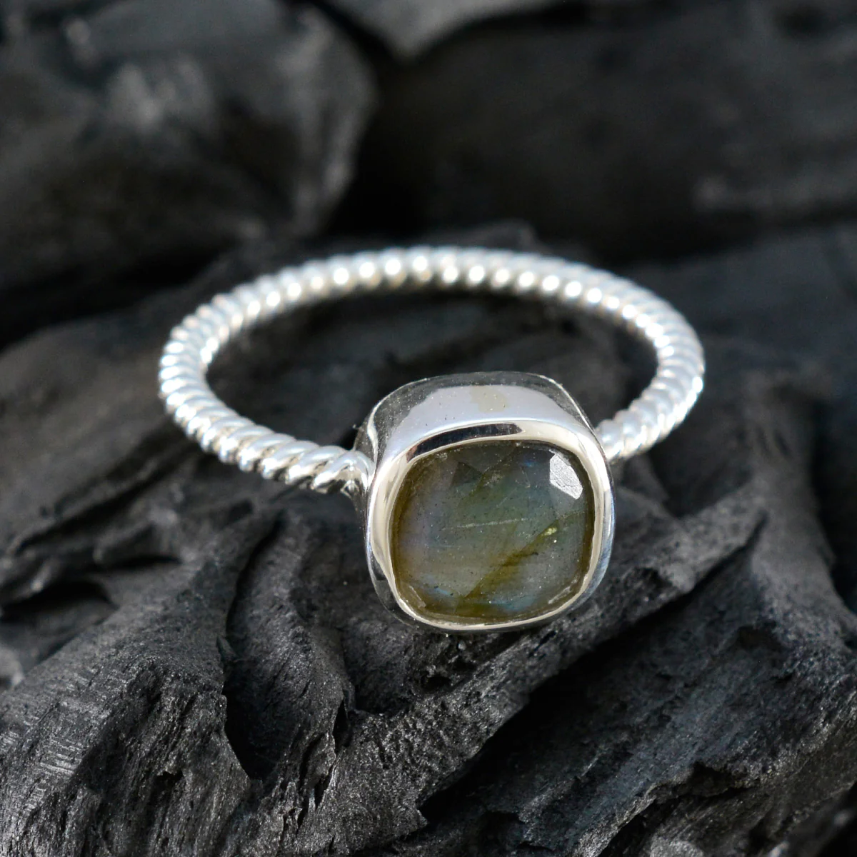 Labradorite Solitaire Korean 925 Silver Gray Gemstones Dainty Contemporary Ring Jewelry - Image 4