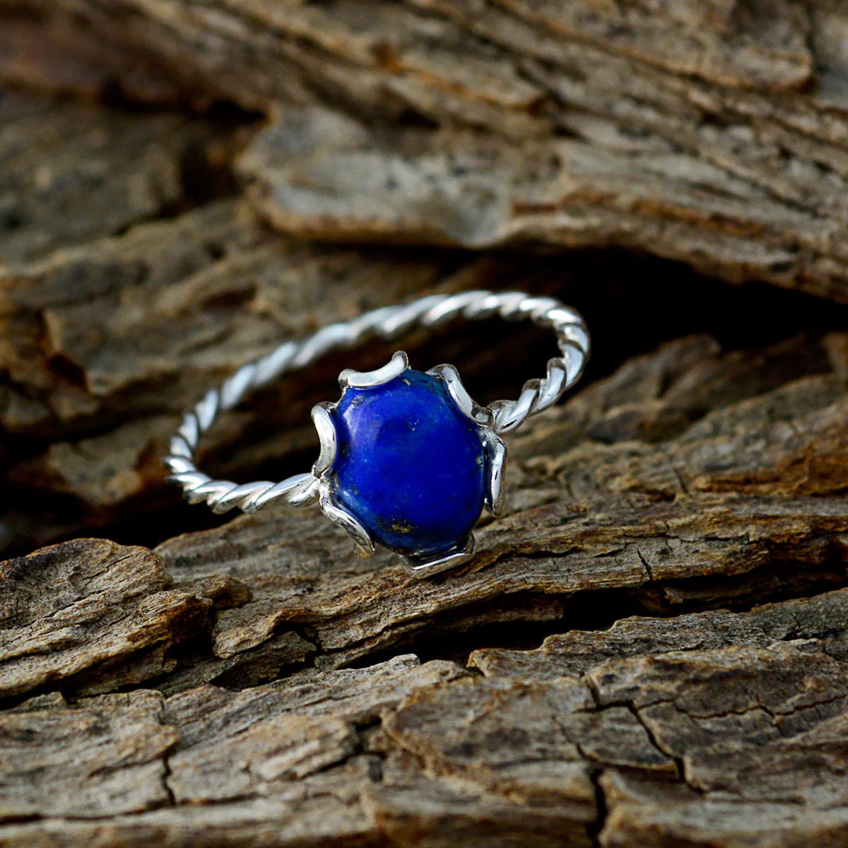 Lapis Lazuli Solitaire Turkish 92.5 Silver Blue Gems Elegant Twist Ring Jewellery - Image 3