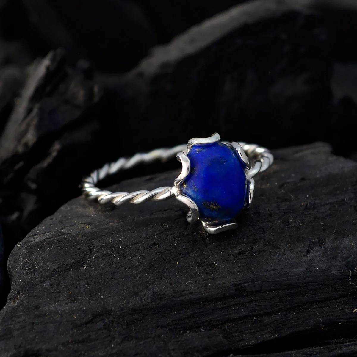 Lapis Lazuli Solitaire Turkish 92.5 Silver Blue Gems Elegant Twist Ring Jewellery - Image 4