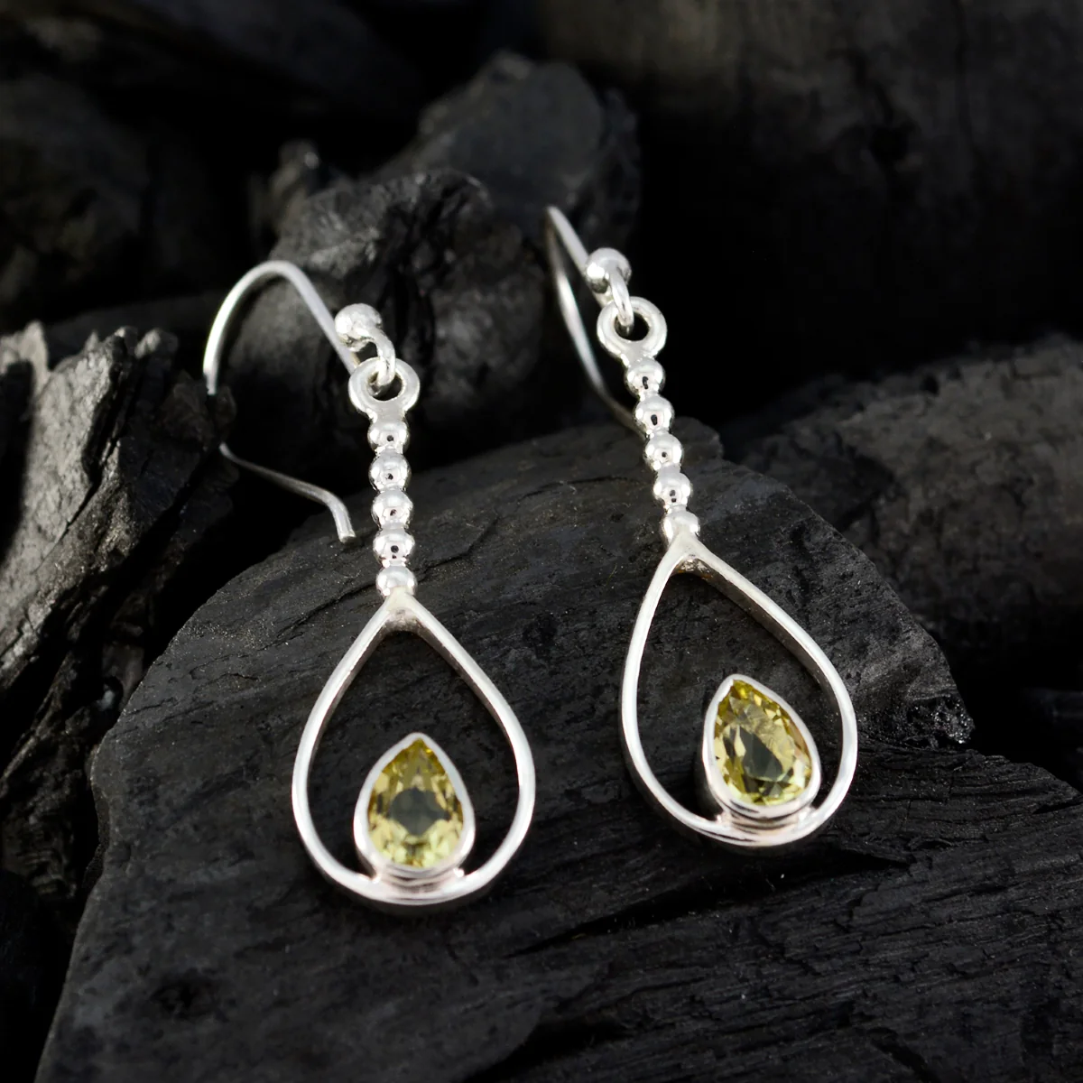 Lemon Quartz German Emma Solitaire Dangle Yellow Silver Earring - Image 2
