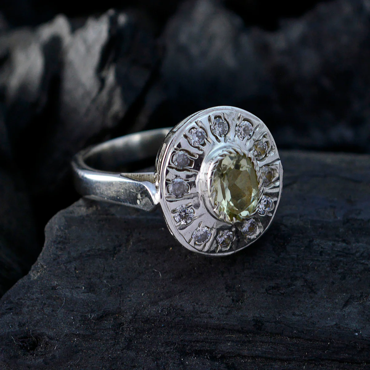 Lemon Quartz Halo Egyptian Sterling Silver Yellow Gems Tiny Glamorous Ring Jewelry - Image 5