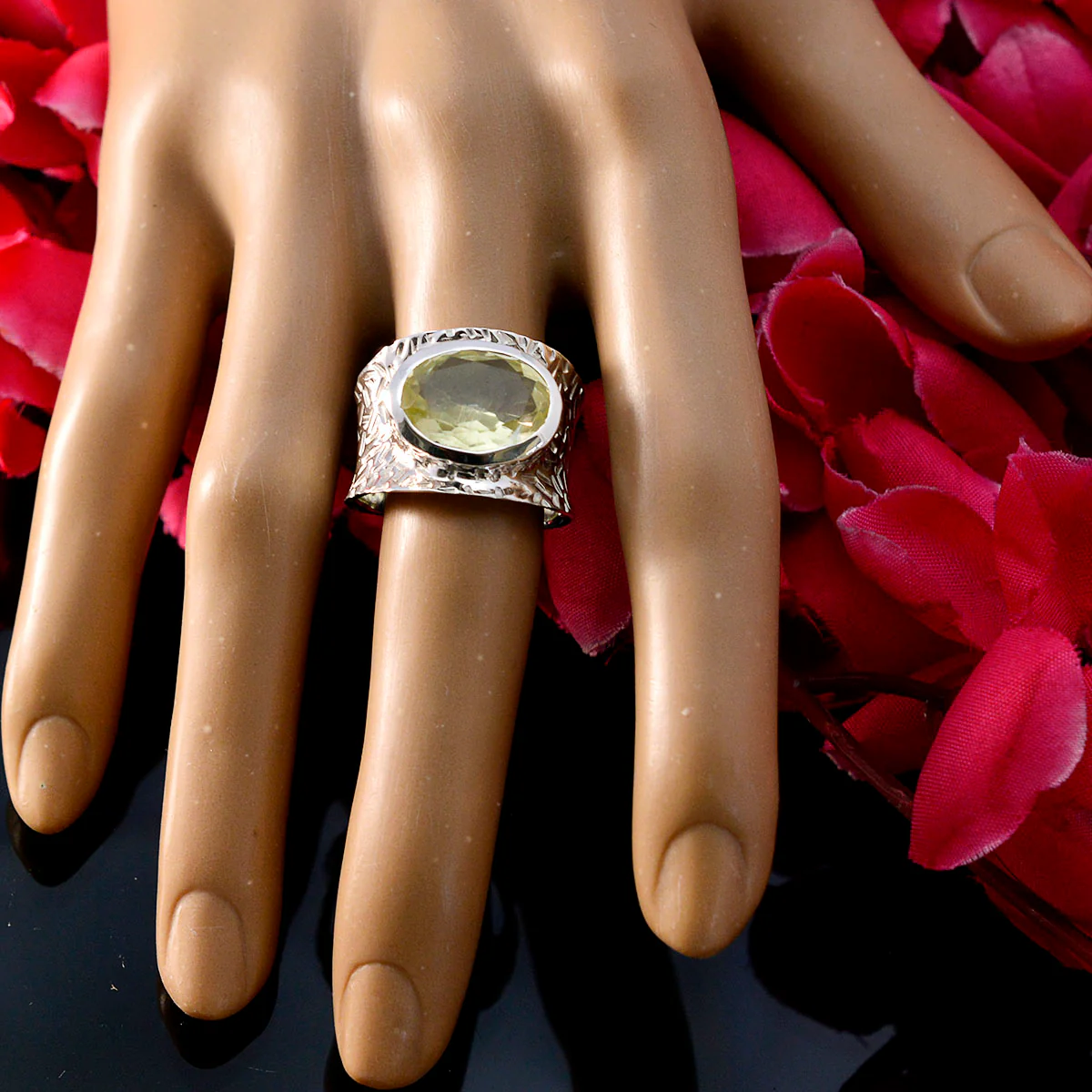 Lemon Quartz Solitaire French 92.5 Silver Yellow Gemstone Essential engravings Ring Jewellery - Image 5