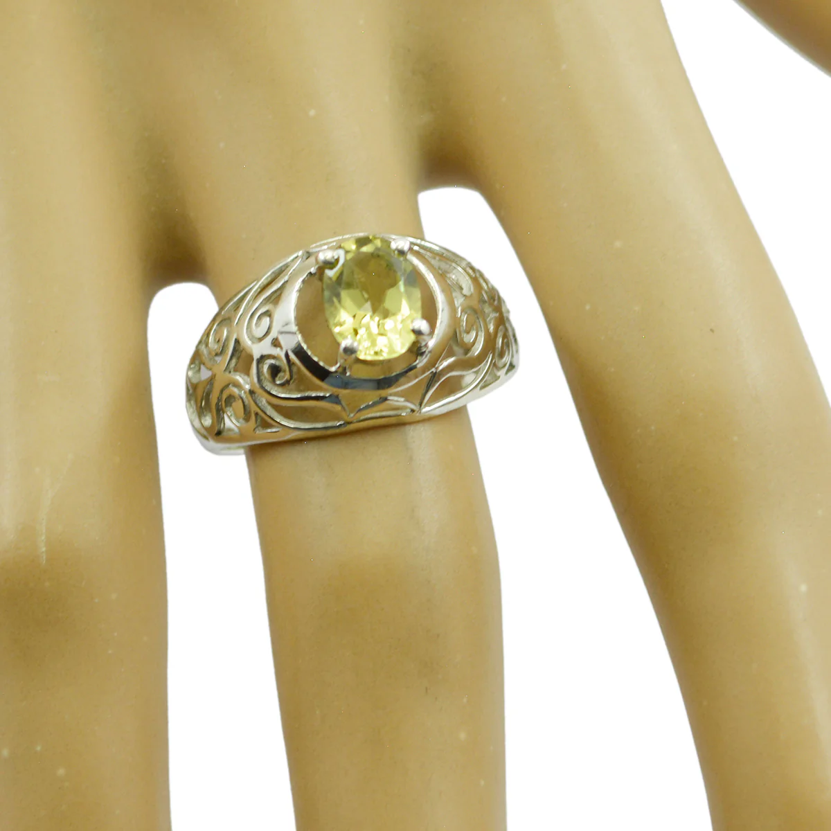 Lemon Quartz Solitaire Italian Sterling Silver Yellow Gemstones Featherlight Filigree Ring Jewellery - Image 2