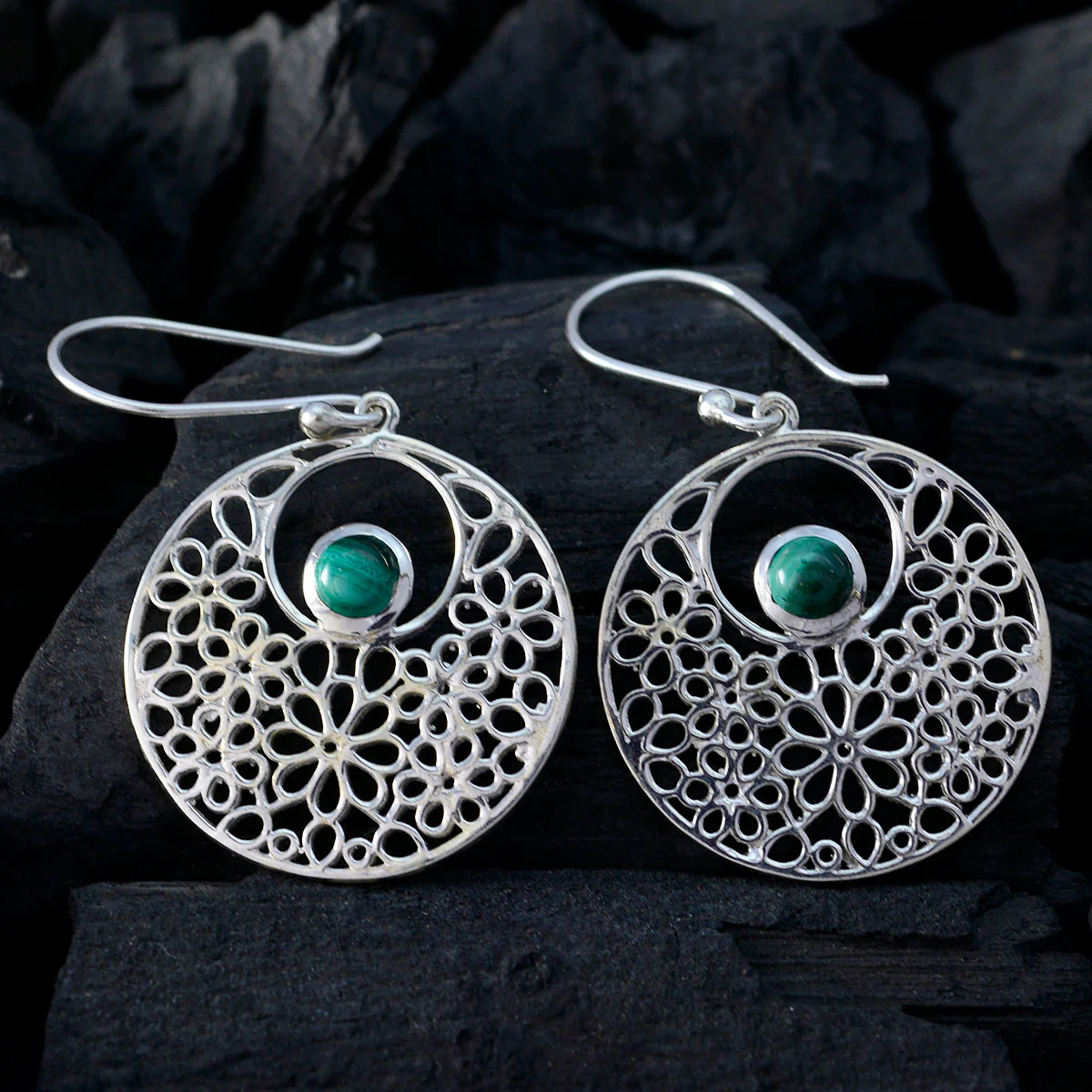 Malachite American Mia Solitaire Dangle Green 92.5 Silver Earring - Image 2