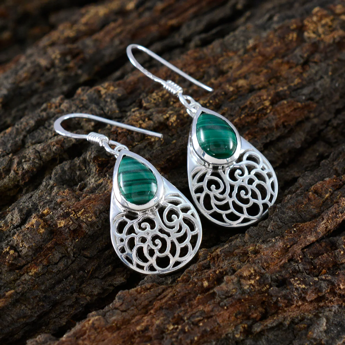 Malachite Korean Mila Solitaire Dangle Green Silver Earring - Image 3