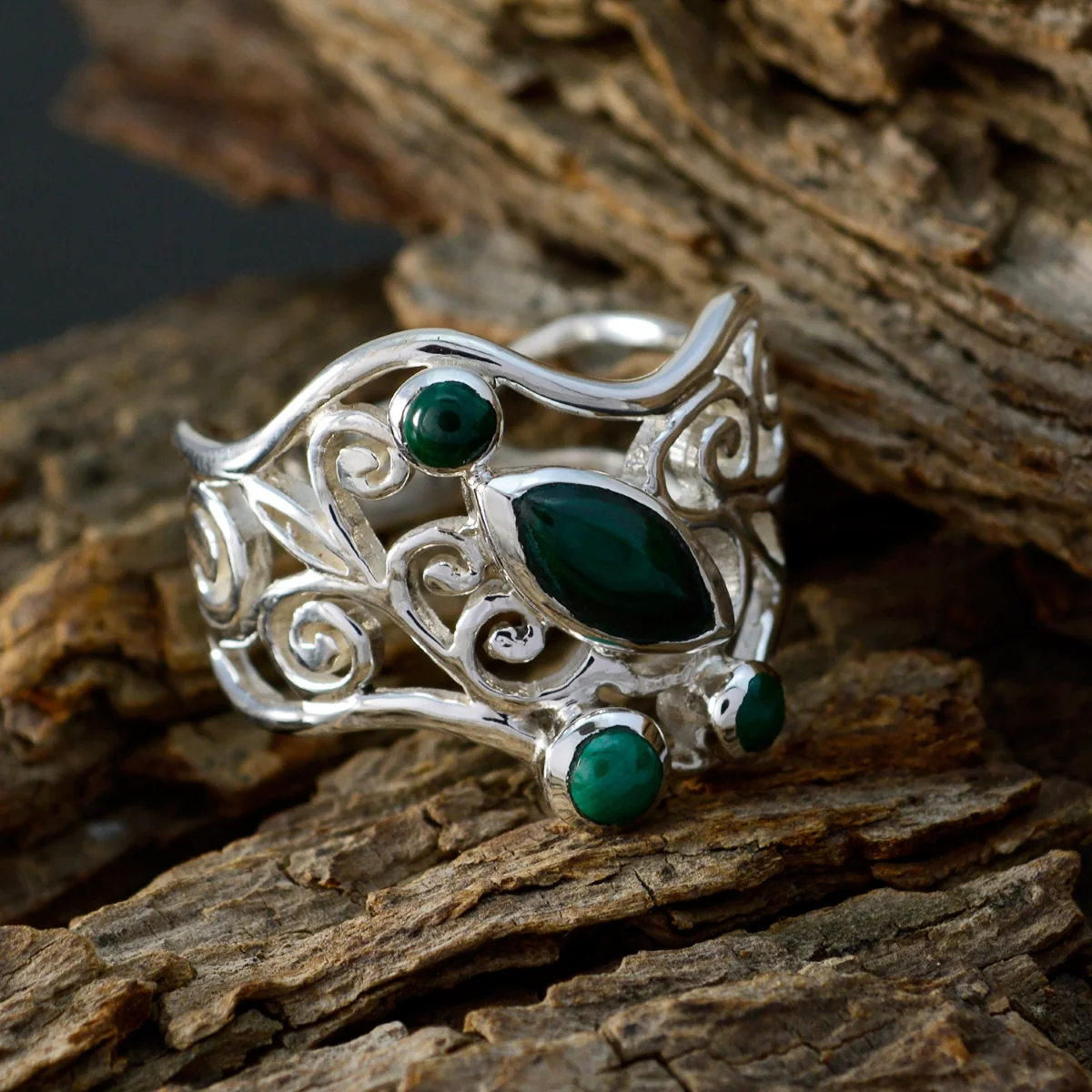 Malachite quarter Mexican 925 Silver Green Gemstones Essential Filigree Ring Jewelry - Image 4