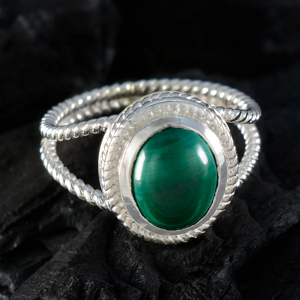 Malachite Solitaire Australian 92.5 Silver Green Gemstones Classic Rope-Wire Ring Jewelry - Image 4