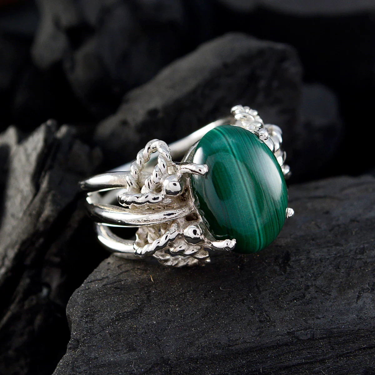 Malachite Solitaire Latin American 92.5 Silver Green Gemstone Essential Rope-Wire Ring Jewellery - Image 5
