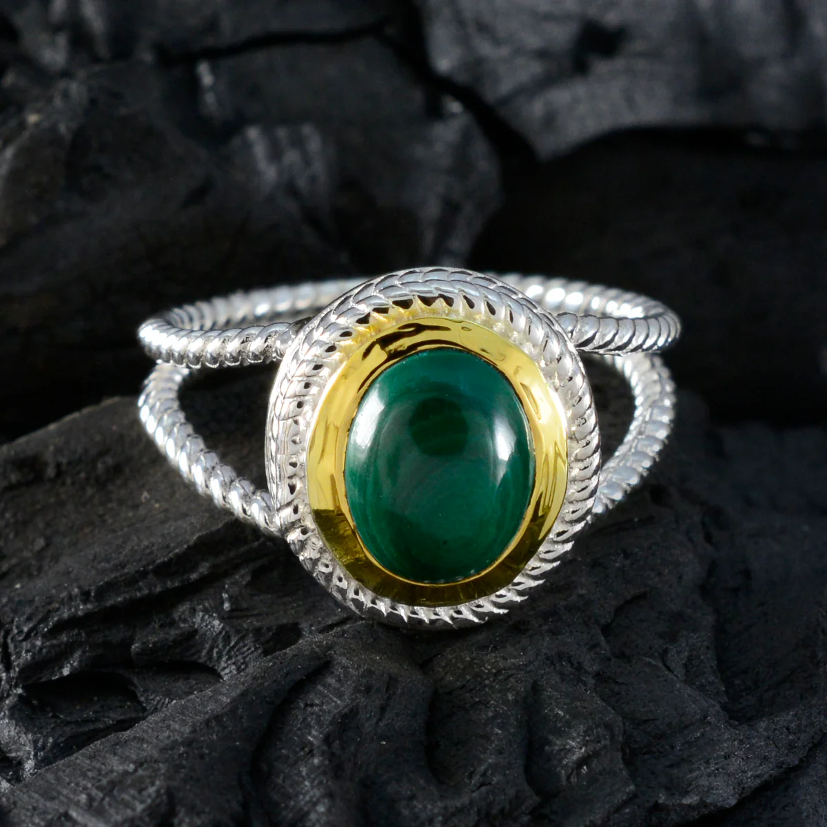 Malachite Solitaire Spanish 925 Sterling Silver Green Gems Classic Rope-Wire Ring Jewellery - Image 4