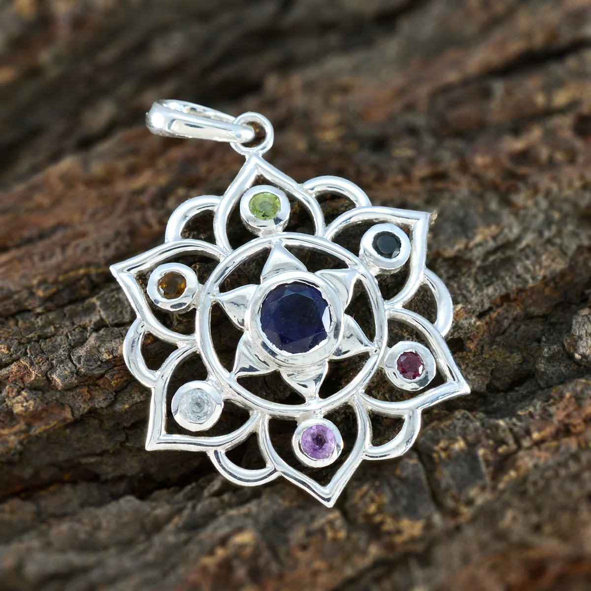 Multi Stone Classic Russian 92.5 Silver Hepta Luna Rope-Wire multicolor Pendant Jewellery - Image 3