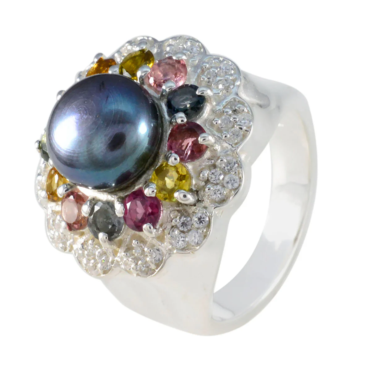 Multi Stone Halo French 925 Sterling Silver multicolor Gems Statement Cocktail Ring Jewellery - Image 2